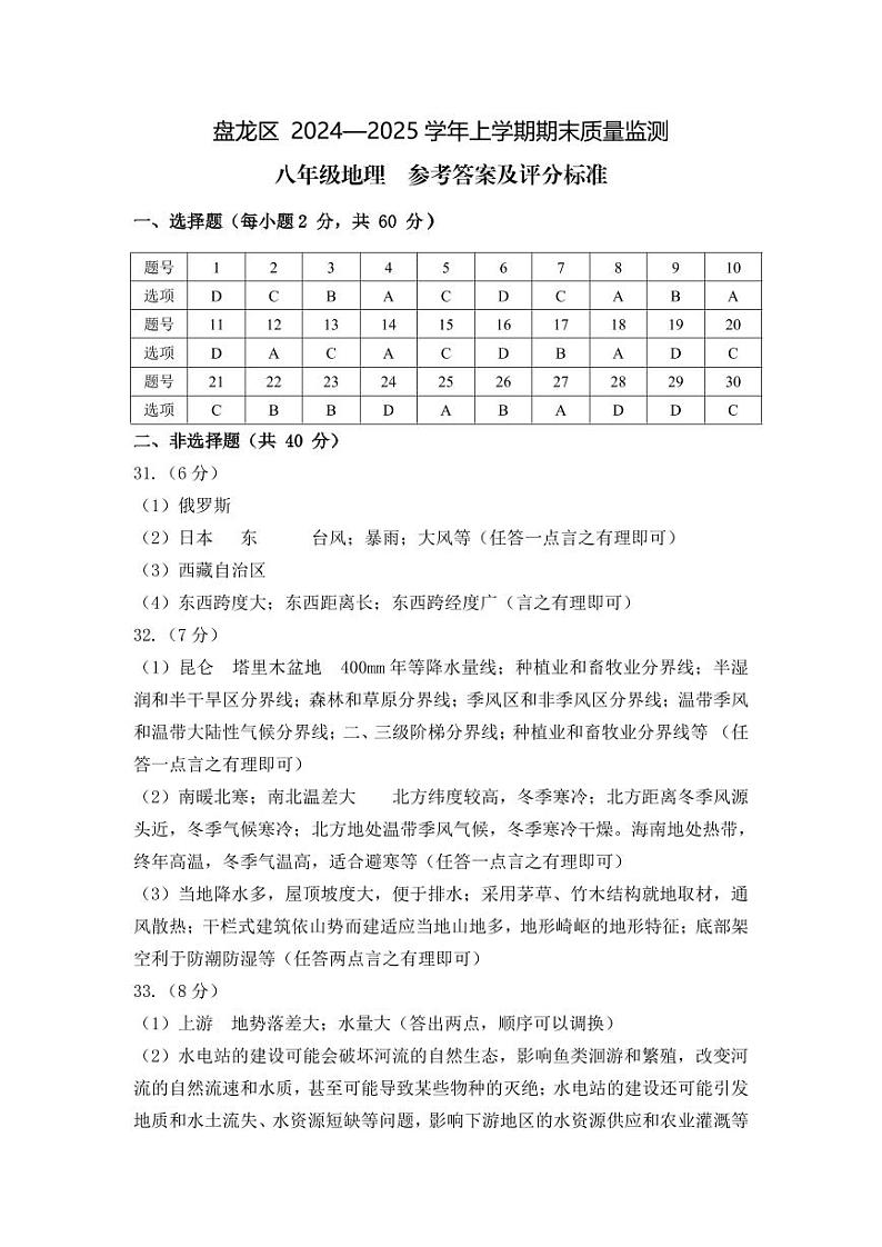 【06地理】盘龙区2024-2025学年上学期期末质量监测八年级地理答案(pdf原版)第1页