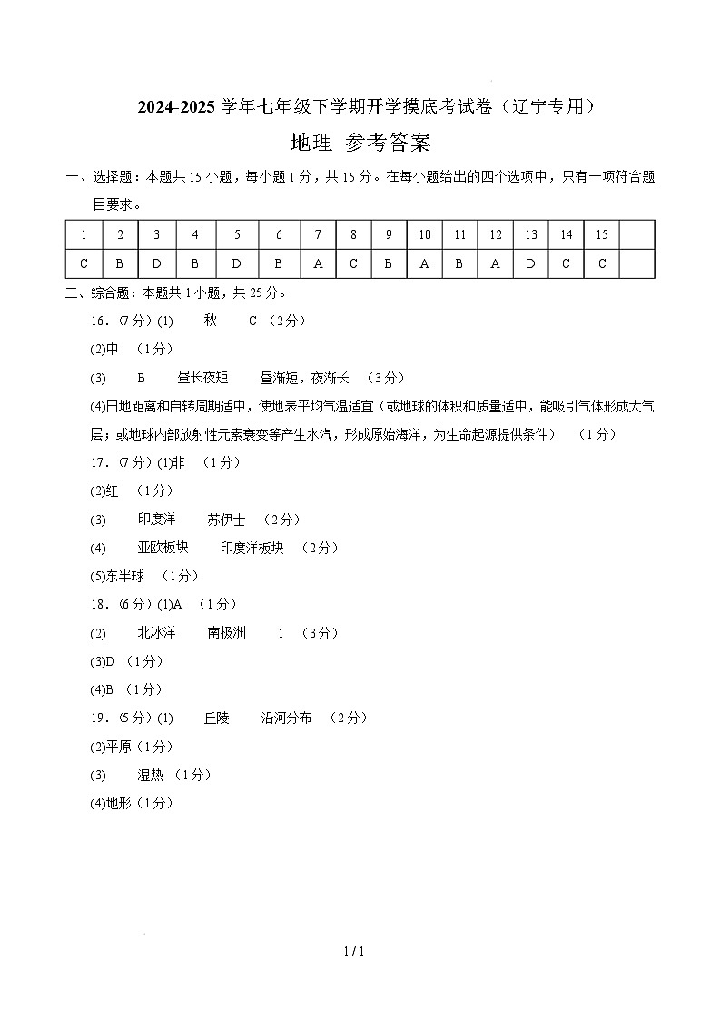 七年级地理开学摸底考(辽宁专用)-2024-2025学年初中下学期开学摸底考试卷 七年级地理开学摸底考(辽宁专用)-2024-2025学年初中下学期开学摸底考试卷(参考答案)第1页