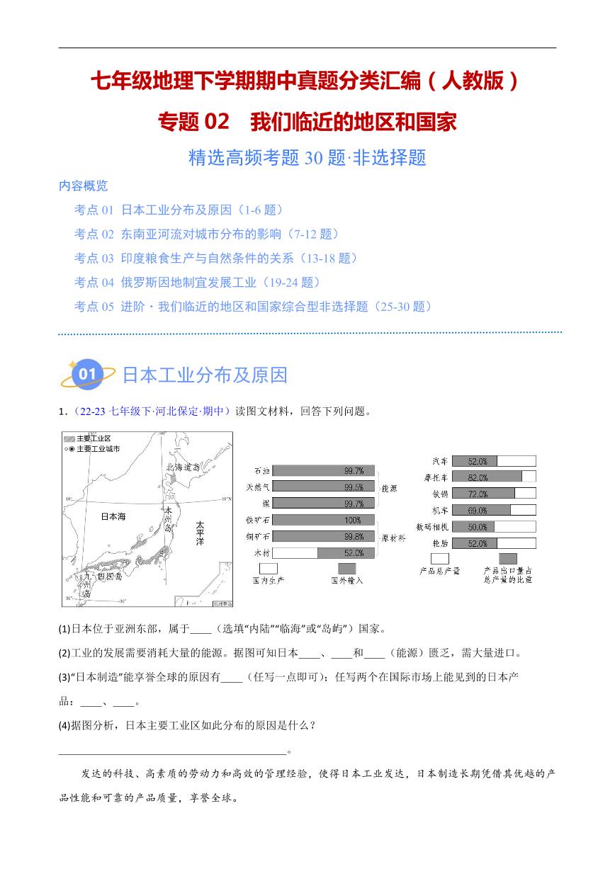 【七下人教地理】专题02 我们临近的地区和国家（高频非选择题30题）（5大考点）-期中真题分类汇编（原卷版）