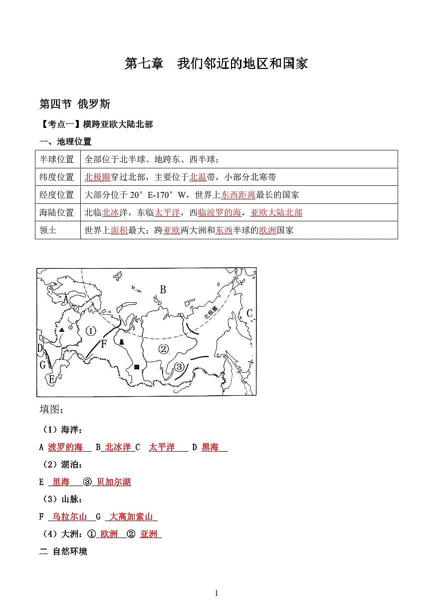 人教版地理七年级下册【人教地理】期末复习学案7.4 俄罗斯(晨读版)第1页