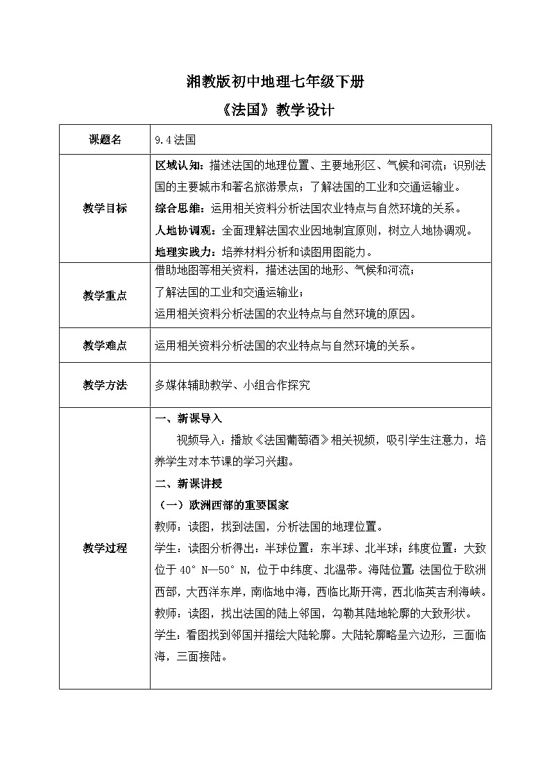 9.4法国【教学设计】——2025新教材湘教版初一地理下册pptx第1页