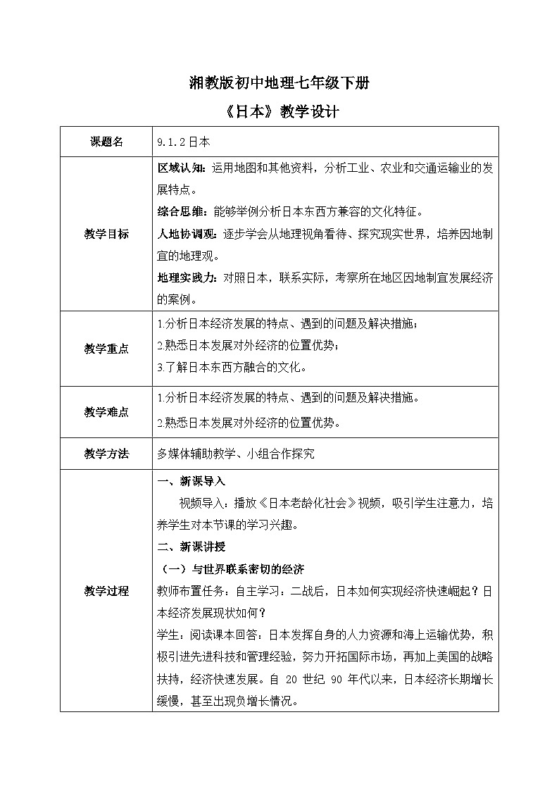 9.1.2日本【教学设计】(第二课时——人文地理部分)——2025新教材湘教版初一地理下册pptx第1页