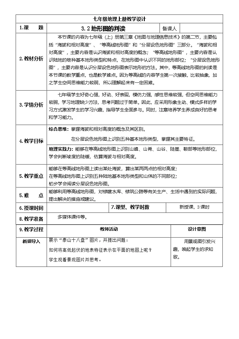 【新教材】商务星球版地理七年级上册3.2地形图的判读 教学设计第1页