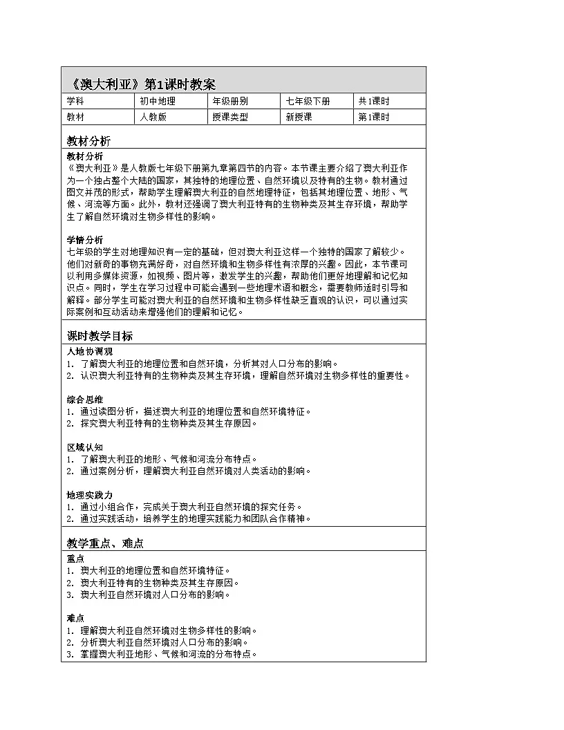 9.4《澳大利亚》 第1课时教案(表格式)人教版(2024)地理七年级下册第1页