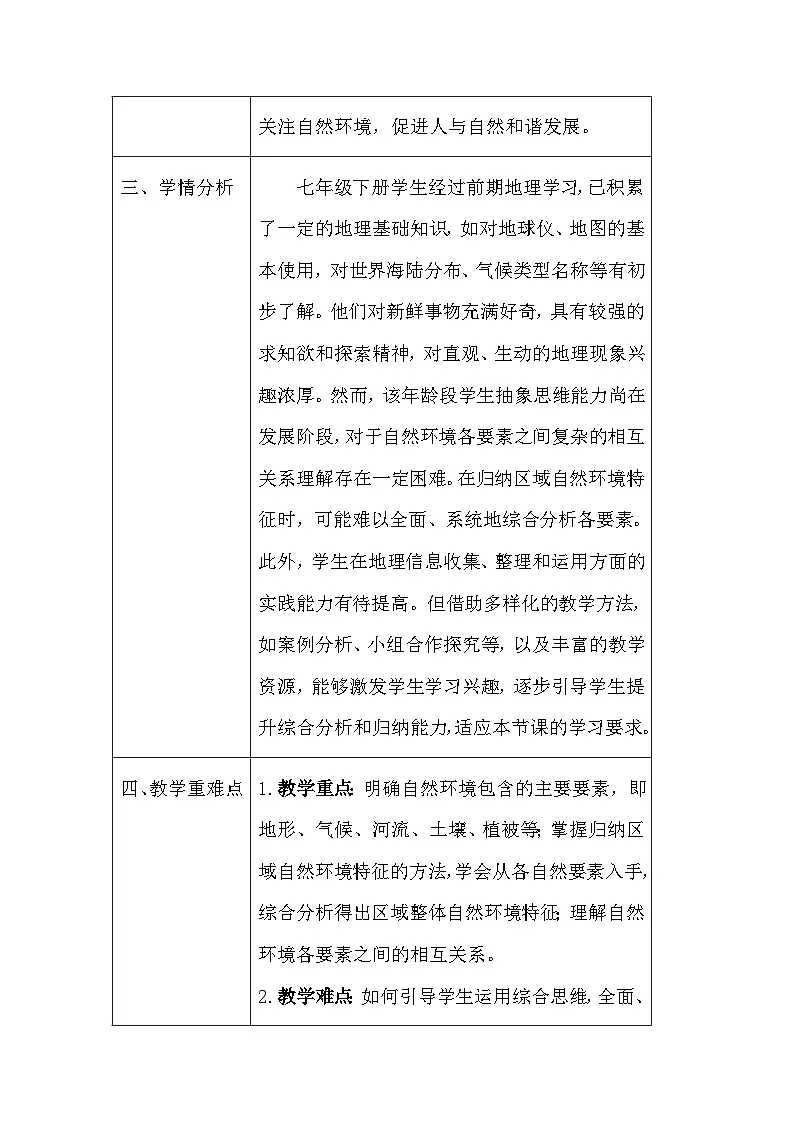 晋教版(2024)七年级下册地理主题五:1《归纳自然环境特征》教案(表格式,含教学反思)第3页