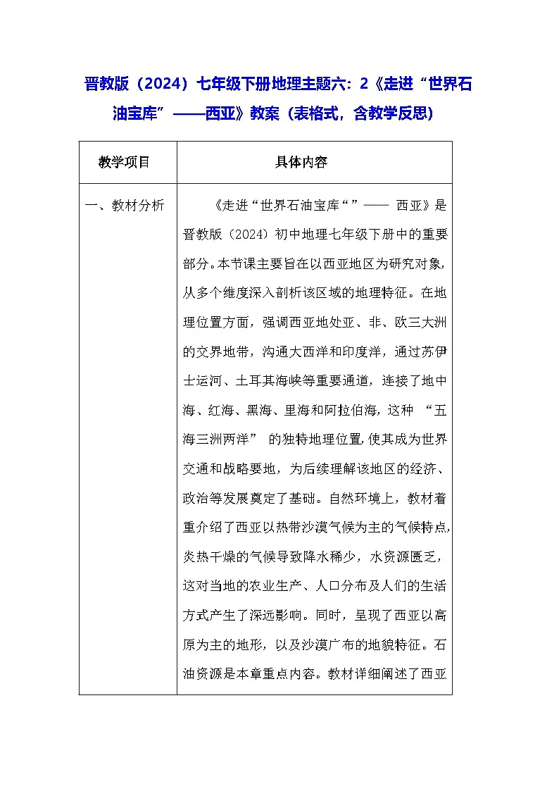 晋教版(2024)七年级下册地理主题六:2《走进“世界石油宝库”——西亚》教案(表格式,含教学反思)第1页