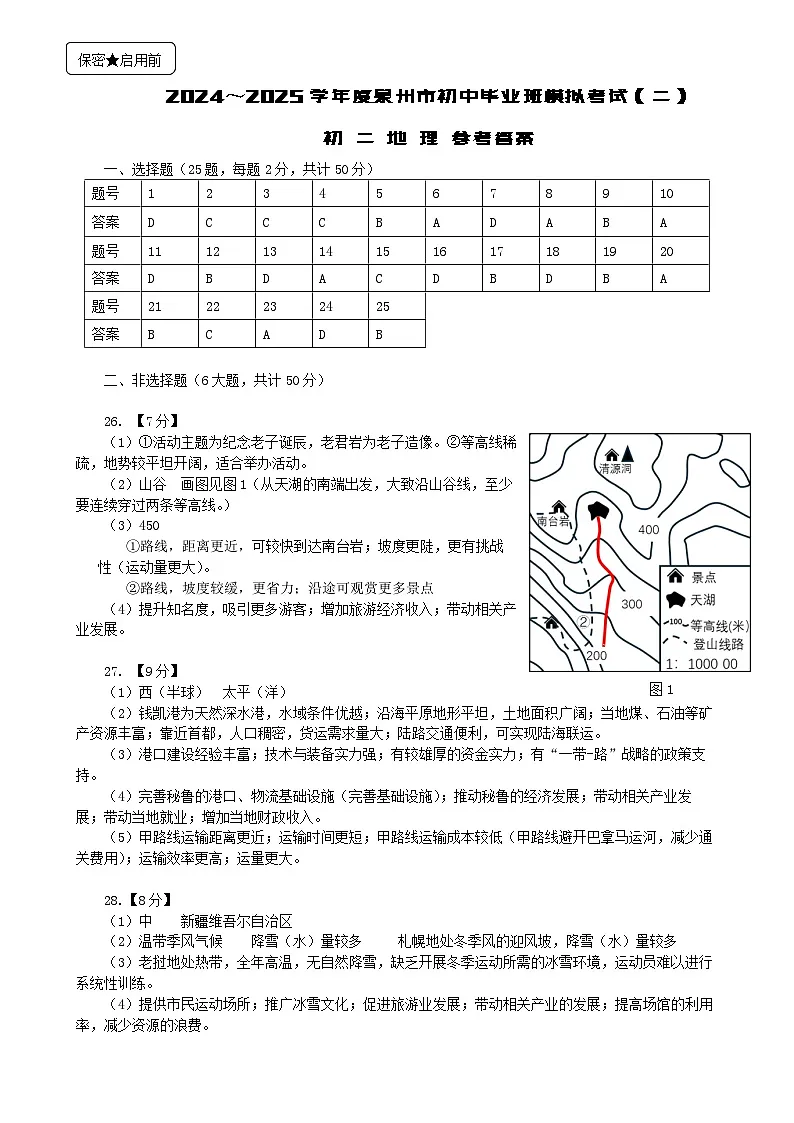 2025春泉州市初中地理模拟二参考答案第1页