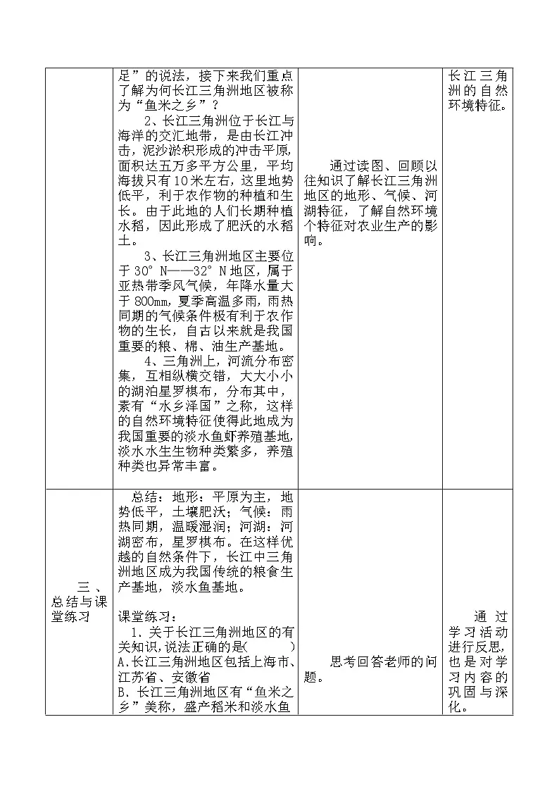 7.2鱼米之乡——长江三角洲地区教学设计(表格式)2022-2023学年八年级地理下册人教版(2024)第2页