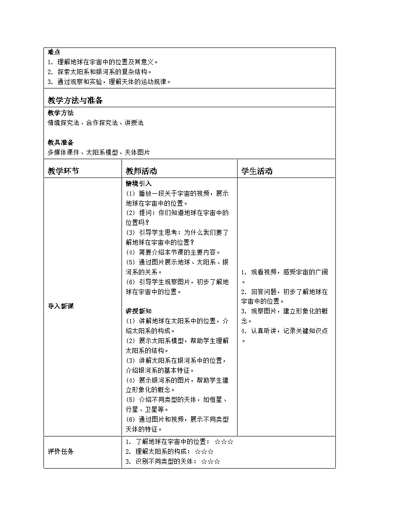 第一章第一节 地球的宇宙环境 教案(表格式)人教版(2024)地理七年级上册第2页