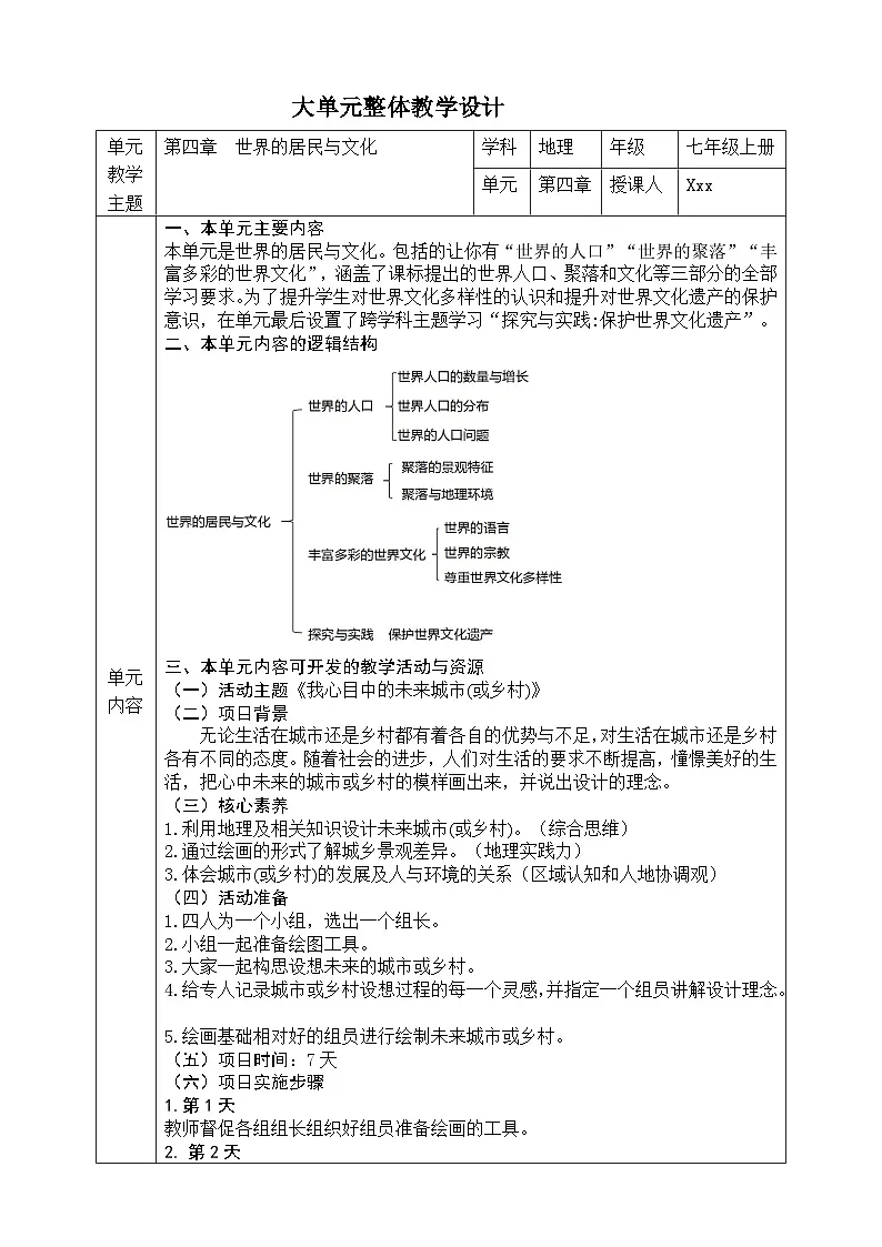 【新教材新课标】湘教版地理七上第四章世界的居民与文化 大单元整体教学设计第1页