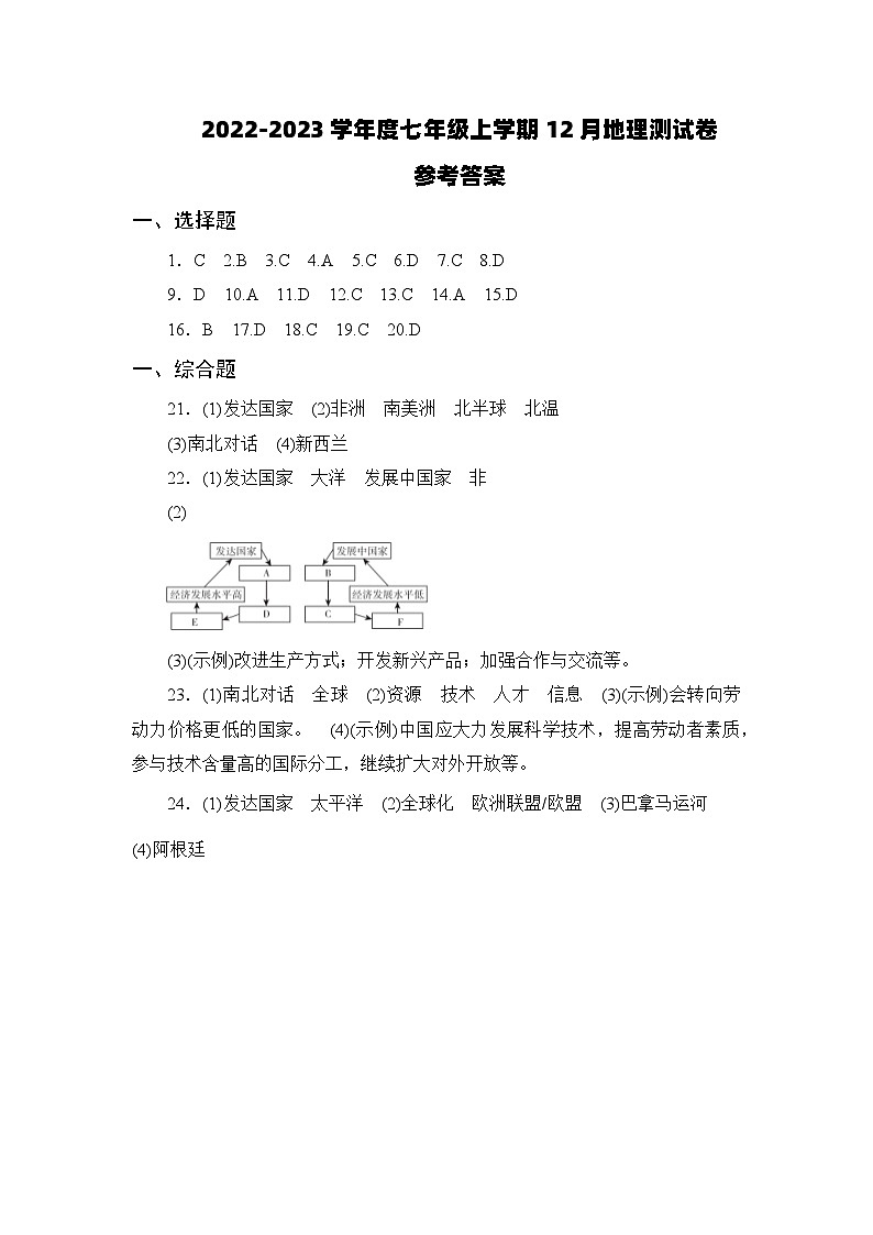 2022-2023学年度七年级上学期12月地理测试卷参考答案第1页