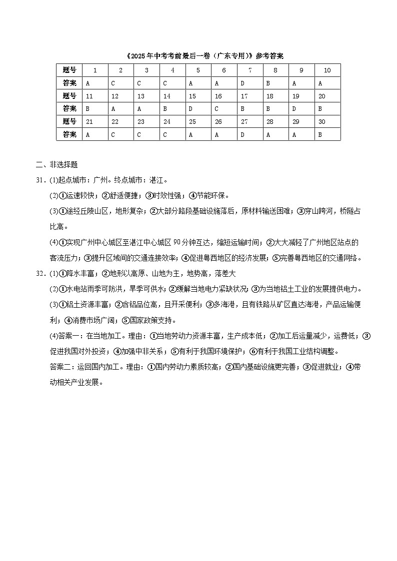 地理(广东专用)参考答案第1页