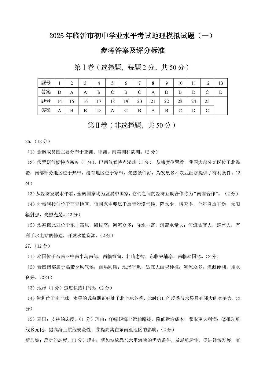 2025年临沂市兰陵县二轮模拟考试 地理模拟试题(一)参考答案第1页