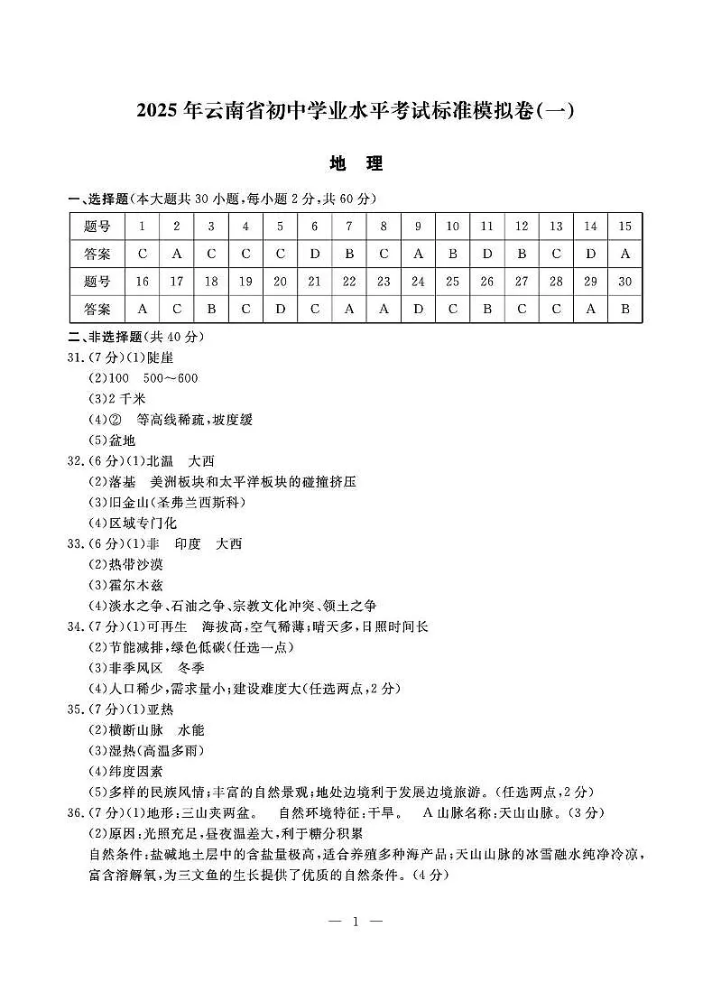 2025年云南省楚雄州楚雄市初中学业水平考试地理模拟试卷(三) 2025年云南省初中学业水平考试地理模拟试题(一)-参考答案第1页