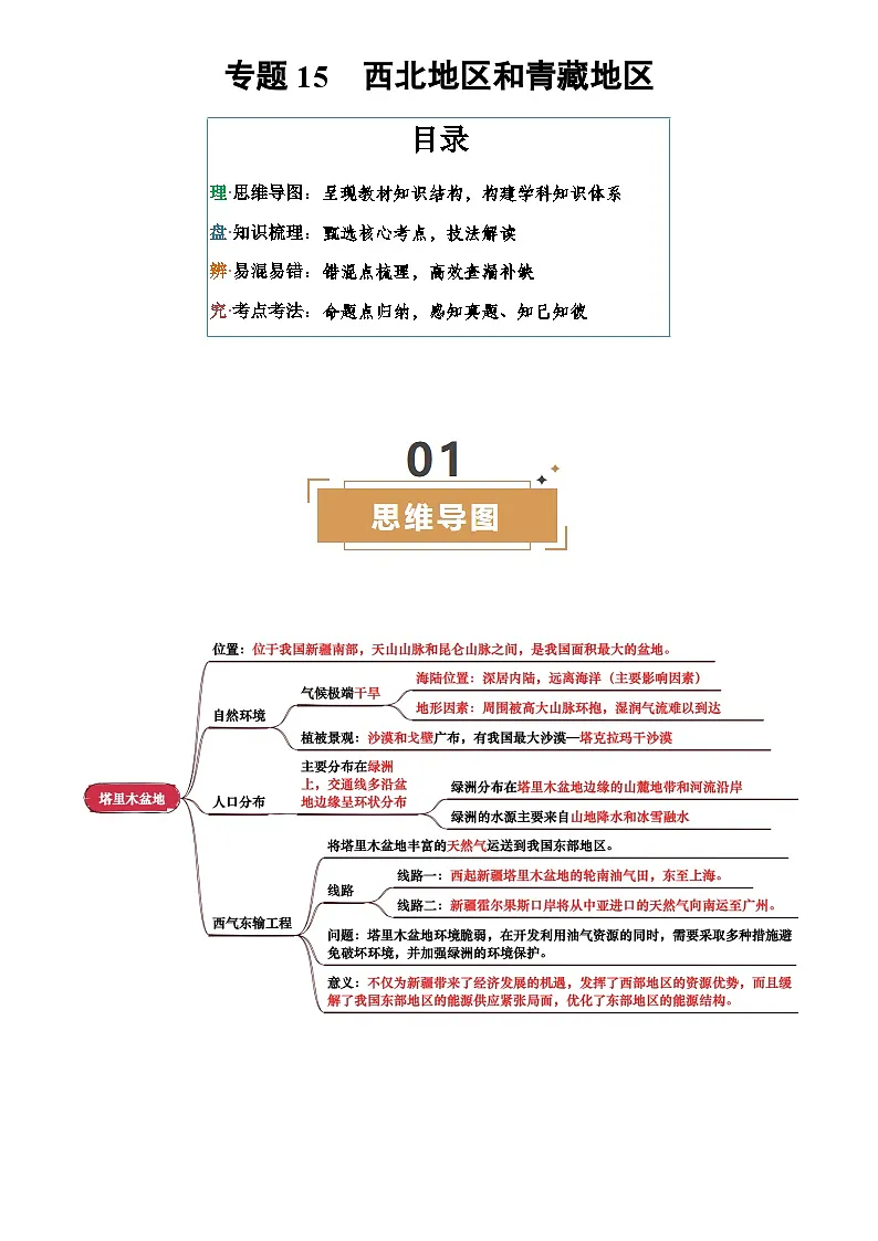 中考地理复习专题15 西北地区和青藏地区(背诵版)学案第1页