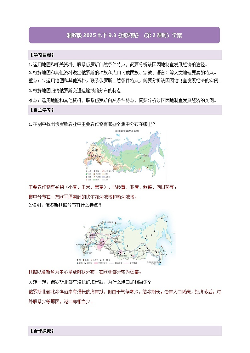 【新课标】七年级地理下册9.3俄罗斯(第2课时)湘教版)(解析卷)第1页