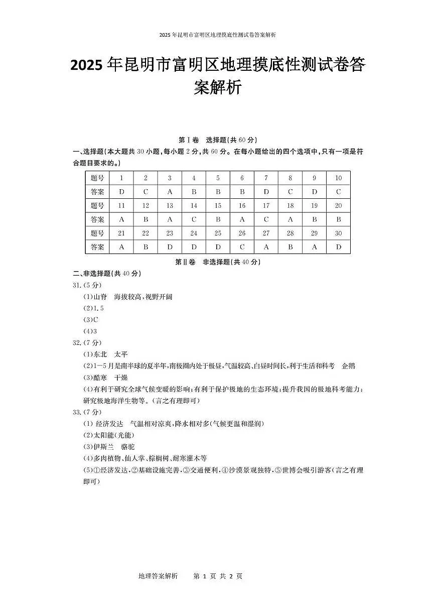 2025年昆明市富明区地理摸底性测试卷(附答案解析) 2025年昆明市富明县地理摸底性测试卷第1页