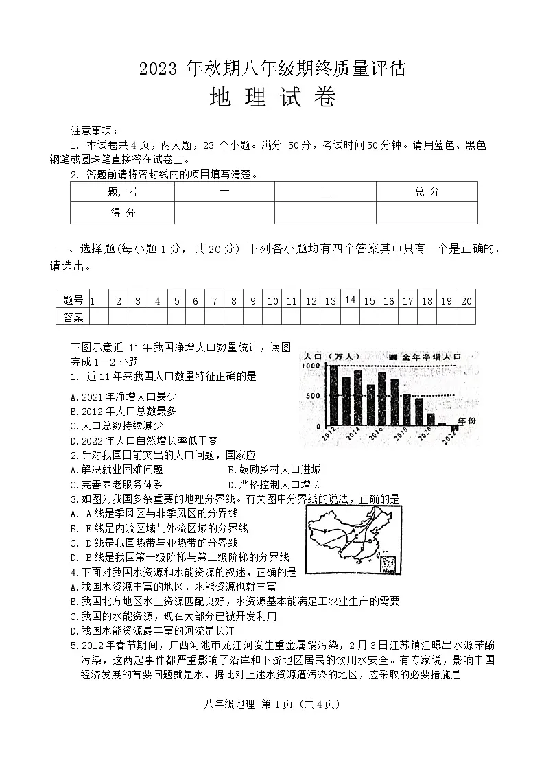 河南省南阳市淅川县2023-2024学年八年级上学期期末地理试题第1页