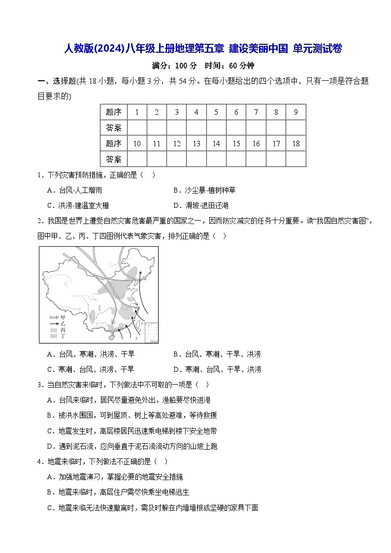 人教版(2024)八年级上册地理第五章 建设美丽中国 单元测试卷(含答案)第1页