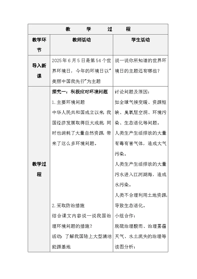 人教版地理八年级上册5.2《环境保护与发展》 (表格式教案)第2页