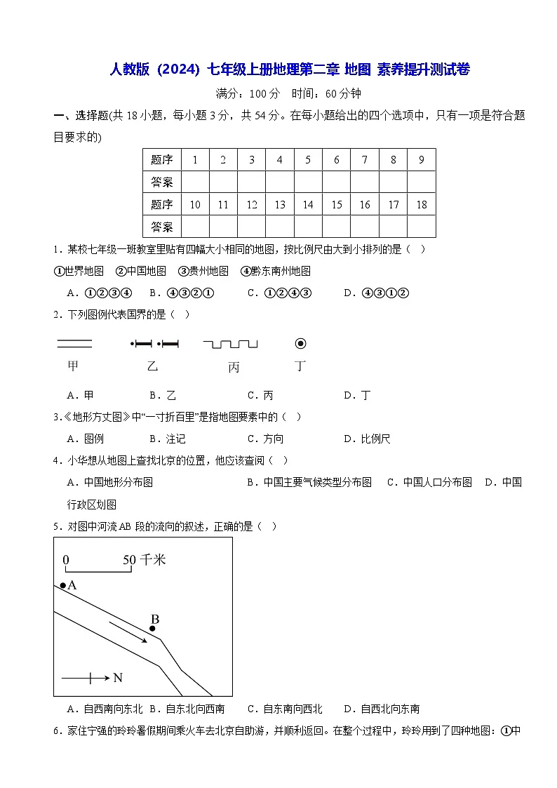 人教版(2024)七年级上册地理第二章 地图 素养提升测试卷(含答案)第1页
