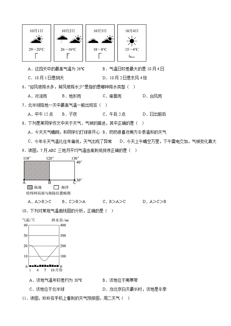 人教版(2024)七年级上册地理第四章 天气与气候 素养提升测试卷(含答案)第2页