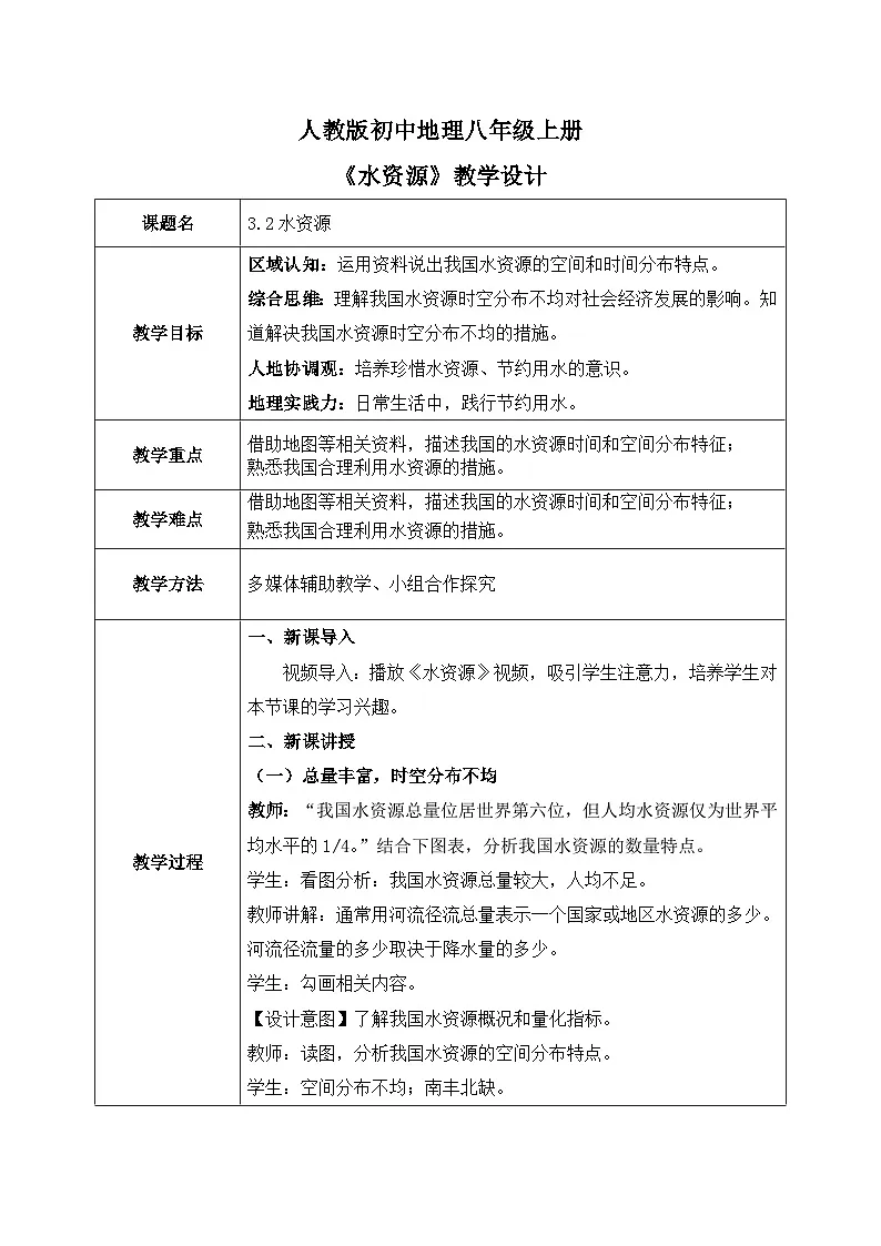 3.2水资源【教学设计】——2025新教材人教版初二地理上册第1页