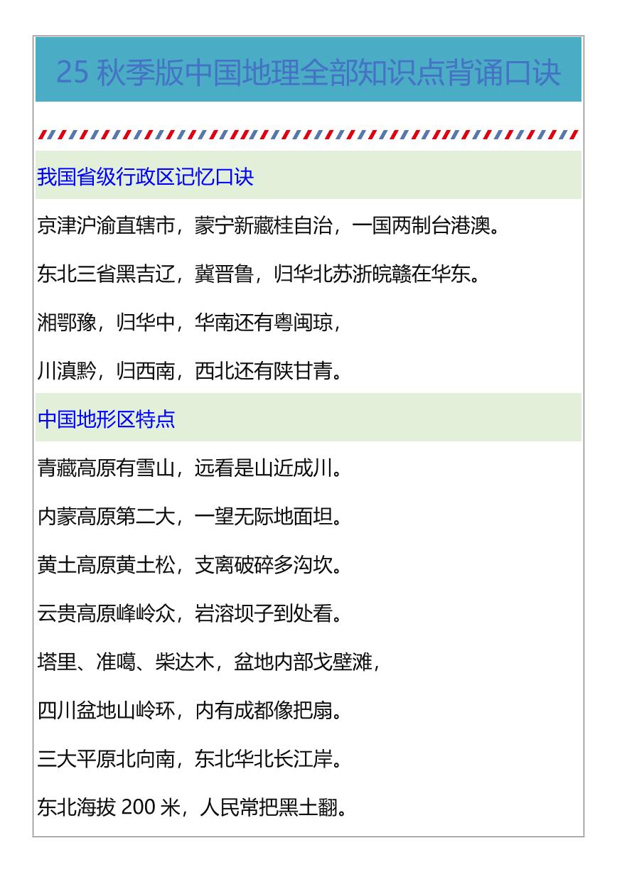 【2025秋新版】初中中国地理全部知识点背诵口诀