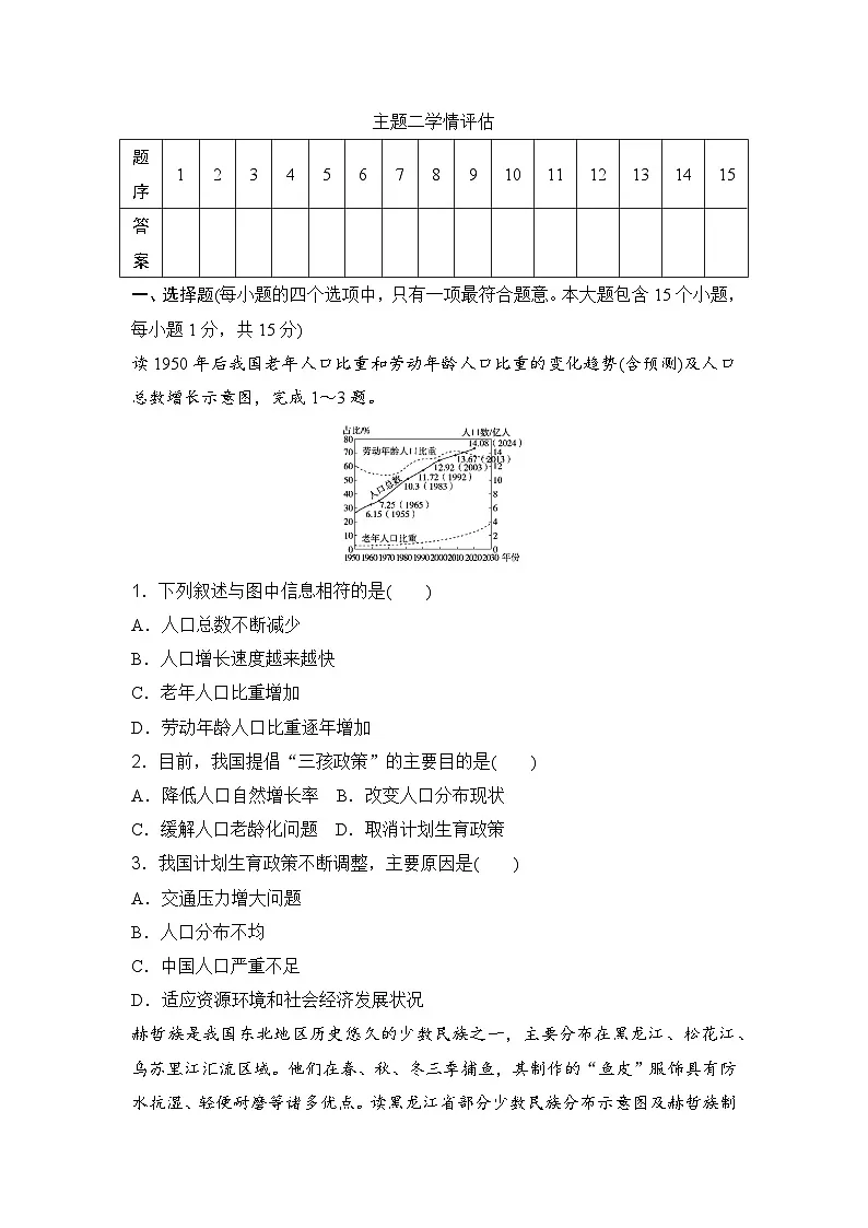 主题二 探讨中国人口与自然资源 测试卷(含答案)2025-2026学年晋教版八年级地理上册第1页
