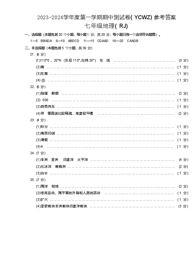 河南省永城市第五初级中学2023-2024学年七年级上学期期中地理答案第1页