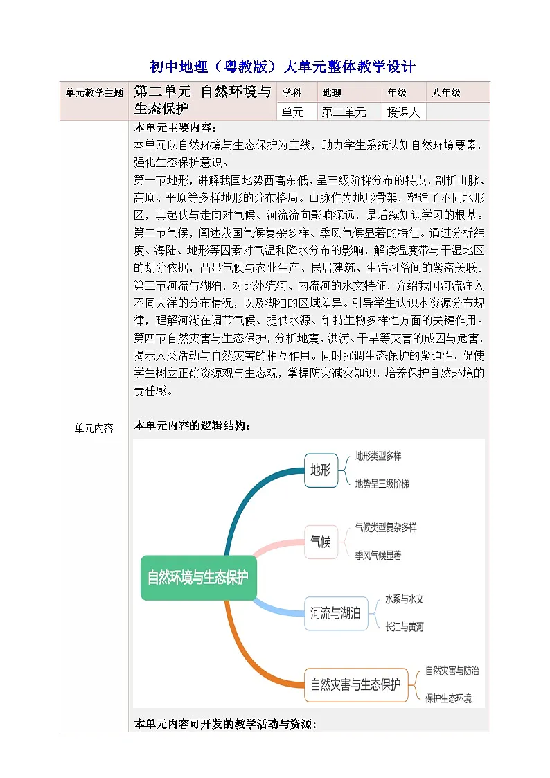 粤教版《地理》八年级上册 第二单元 自然资源与生态保护 大单元整体教学设计第1页