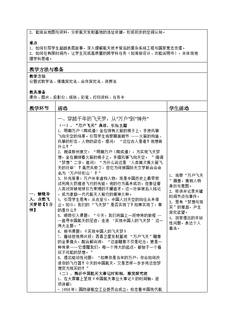 《第一章 地球及其宇宙环境:主题学习 实现中国人的飞天梦》教学设计(表格版)-2025-2026学年商务星球版(2024)地理七年级上册第2页