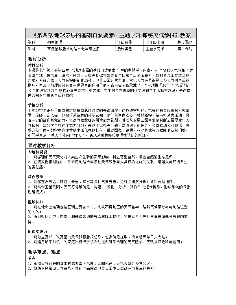 《第四章 地球表层的基础自然要素:主题学习 探秘天气预报》教学设计(表格版)-2025-2026学年商务星球版(2024)地理七年级上册第1页