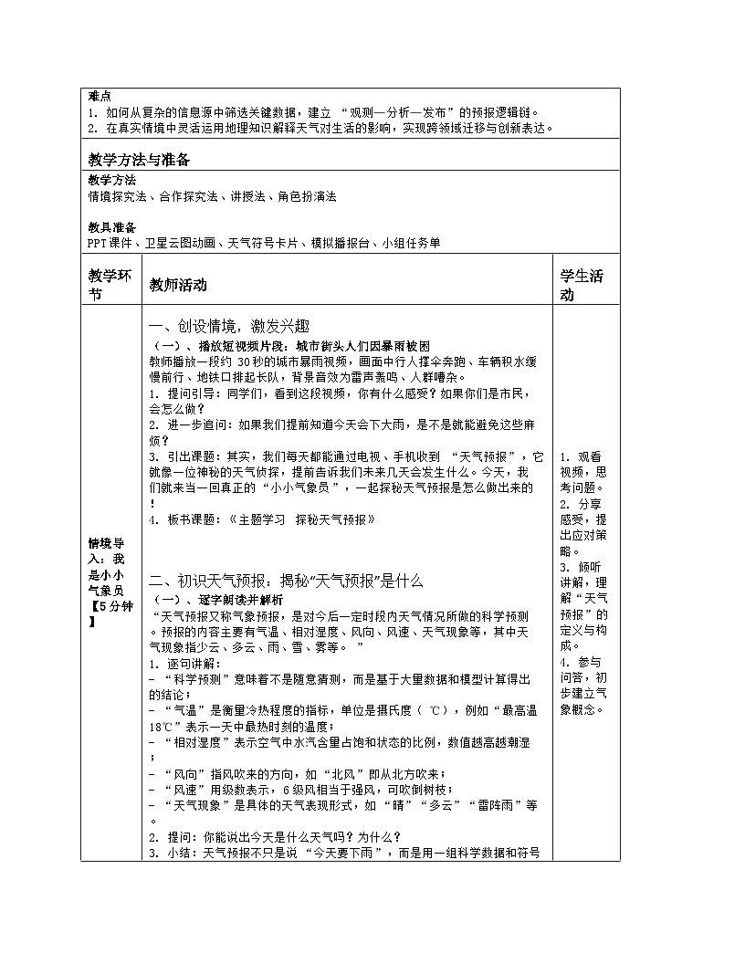 《第四章 地球表层的基础自然要素:主题学习 探秘天气预报》教学设计(表格版)-2025-2026学年商务星球版(2024)地理七年级上册第2页