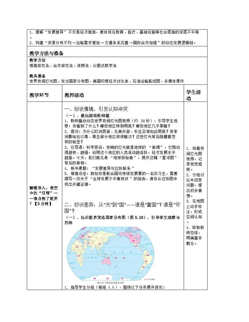 《第五章 地球表层的人文环境要素:4 发展差异与区际联系》教学设计(表格版)-2025-2026学年商务星球版(2024)地理七年级上册第2页