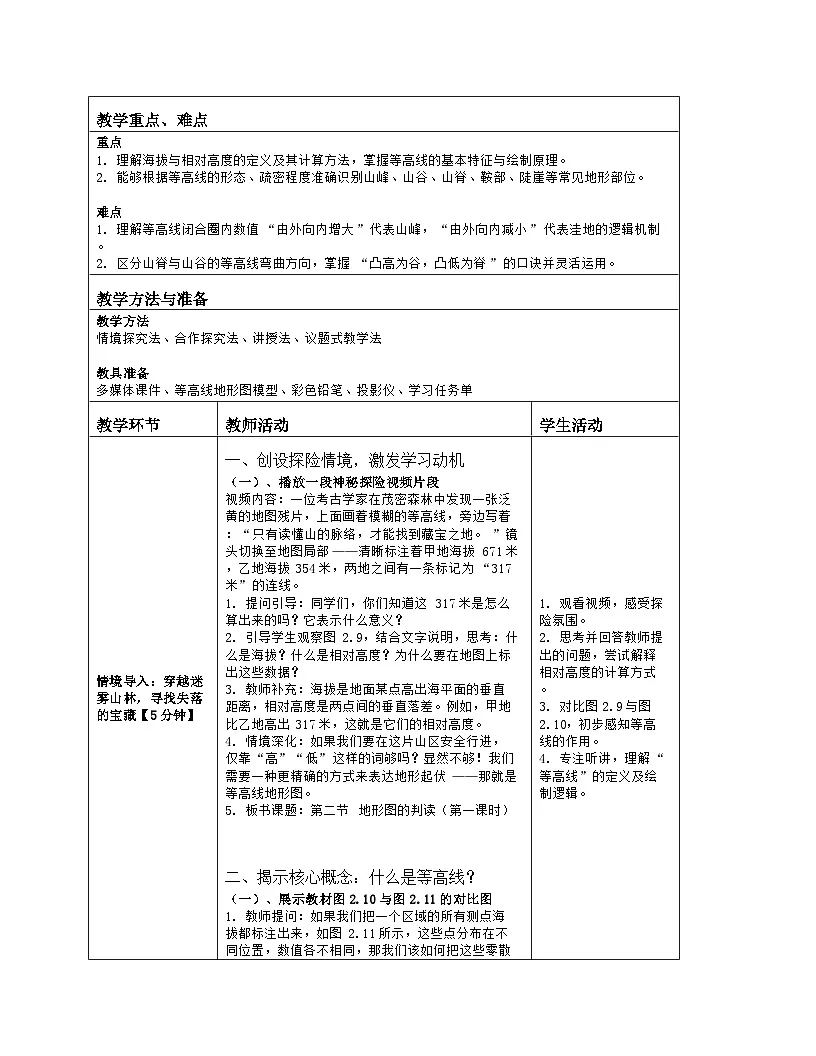 《第二章 地图:2 地形图的判读》教学设计(表格版)-2025-2026学年人教版(2024)地理七年级上册第2页