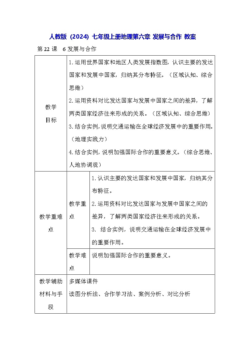 人教版(2024)七年级上册地理第六章 发展与合作 教案第1页