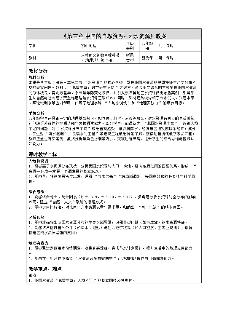 《第三章 中国的自然资源:2 水资源》教学设计(表格版)-2025-2026学年人教版(2024)地理八年级上册第1页