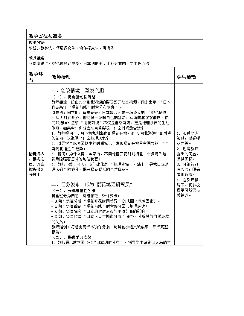 《第九章 走近国家:1 日本》教学设计(表格版)-2025-2026学年湘教版(2024)地理七年级下册第2页