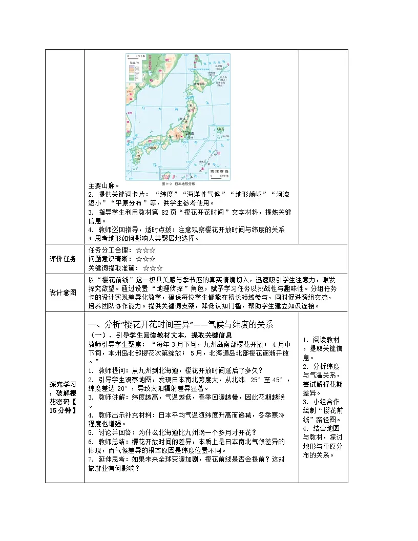 《第九章 走近国家:1 日本》教学设计(表格版)-2025-2026学年湘教版(2024)地理七年级下册第3页