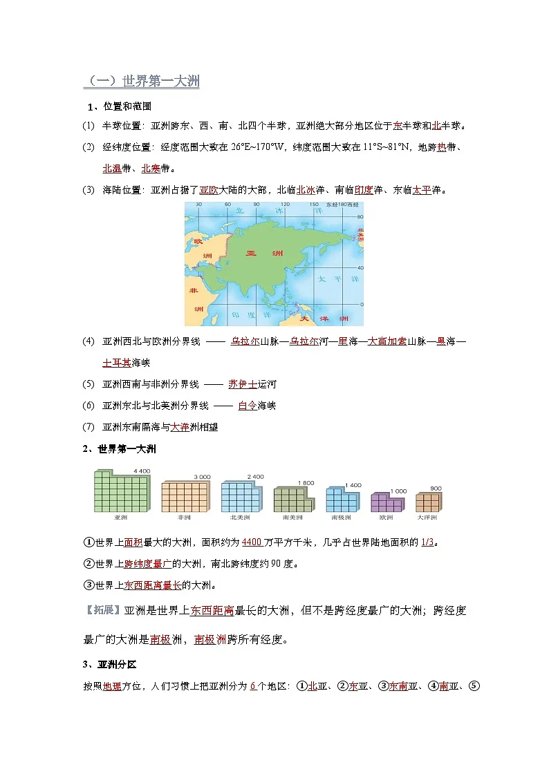 第七章 我们生活的大洲——亚洲【知识清单】初中地理人教版(2024)七年级下册(答案版)第3页