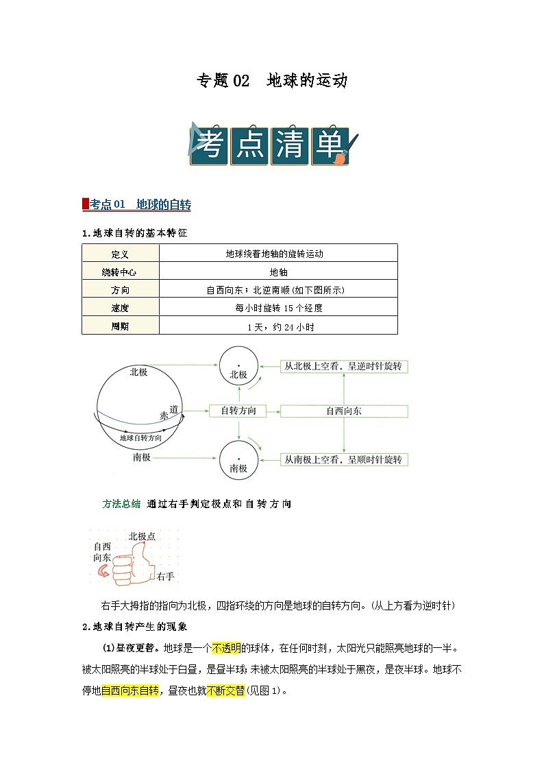 专题02 地球的运动(word)2025-2026学年初中地理人教版2024一轮复习学案知识点+习题(原卷版)第1页