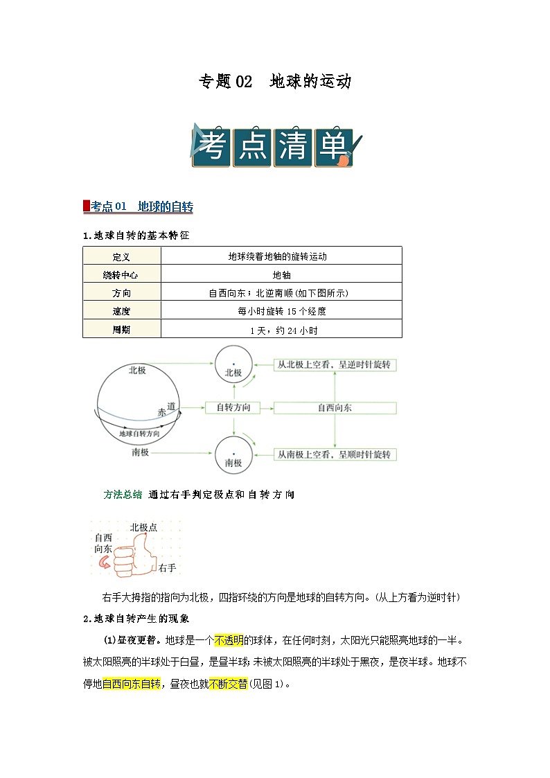 专题02 地球的运动(word)2025-2026学年初中地理人教版2024一轮复习学案知识点+习题(解析版)第1页