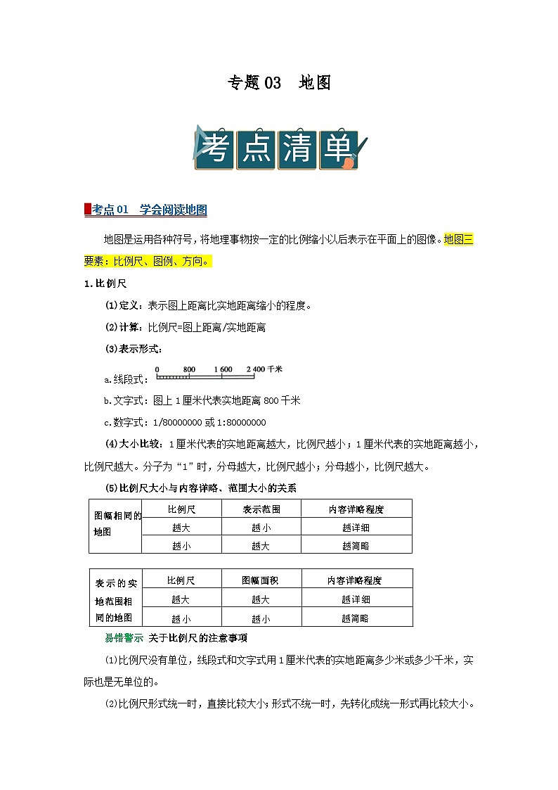 专题03 地图(word)2025-2026学年初中地理人教版2024一轮复习学案知识点+习题(解析版)第1页
