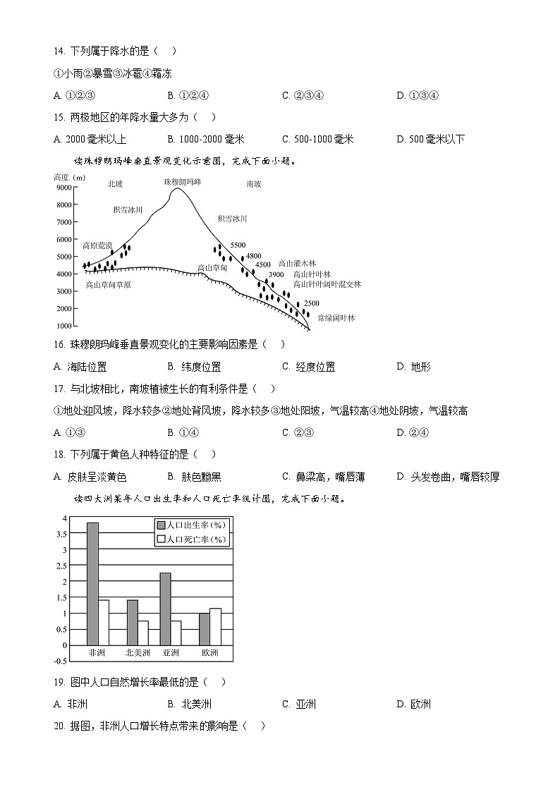 甘肃省武威市七年级上学期期末地理试卷 (原卷版)-A4第3页