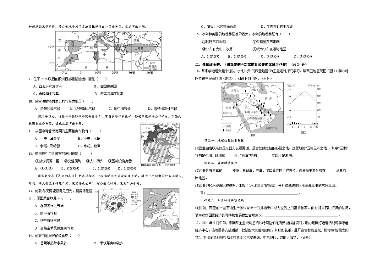 人教版(新课标)地理七下第九章 《东半球其他的地区和国家》 单元测试卷(A卷含答案)第2页