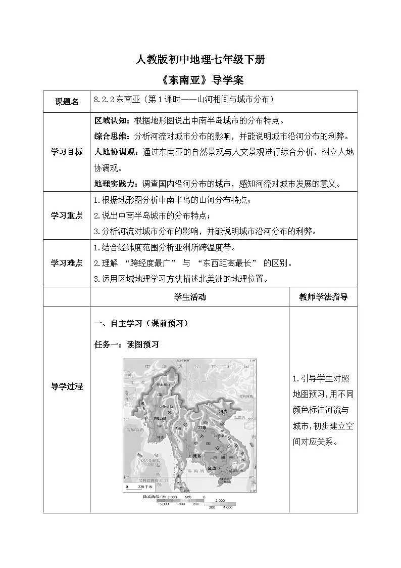 8.2.2东南亚【导学案】(第2课时——山河相间与城市分布)教师版——新教材人教版初一地理下册第1页