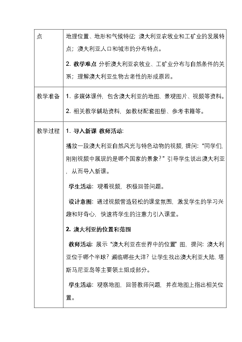 中图版(北京)(2024)七年级下册地理第八章 第三节 澳大利亚 教案(表格式,含教学反思)第2页