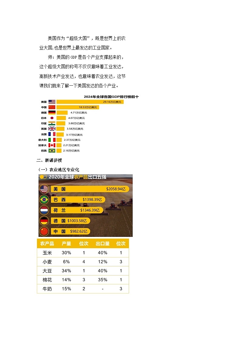 10.1.2 美国(第2课时 农业地区专业化和资源消耗大国)(教学设计)初中地理人教版(2024)七年级下册第2页