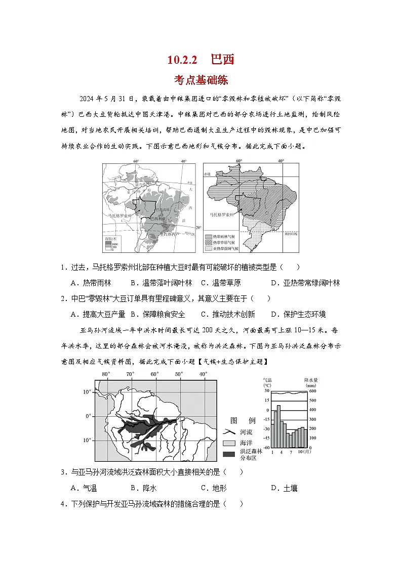 10.2.2 巴西第二课时(分层作业)(原卷版)初中地理人教版(2024)七年级下册第1页